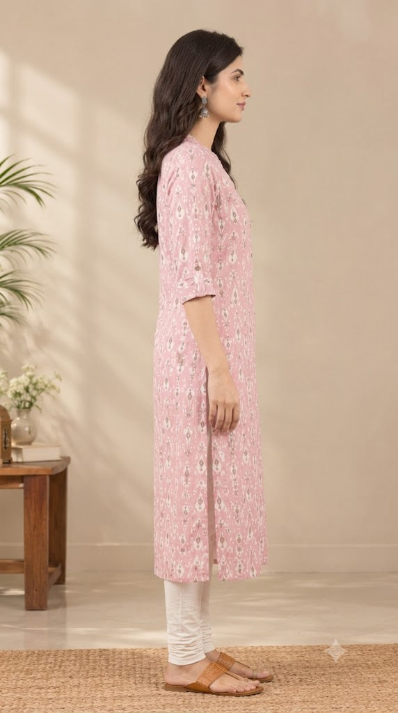 Printed Cotton Long Kurti for Women – Straight Fit, Mandarin Collar