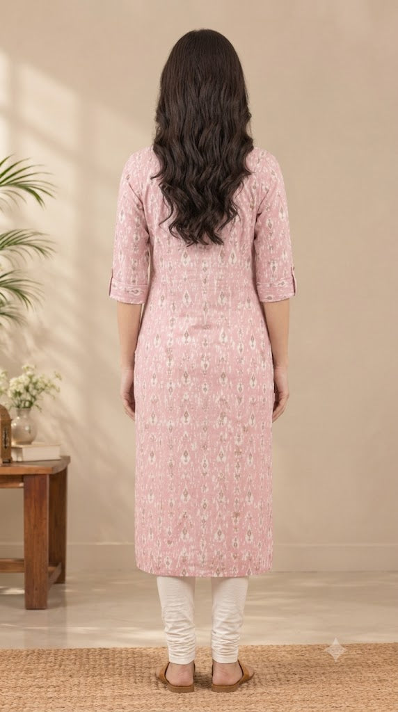 Printed Cotton Long Kurti for Women – Straight Fit, Mandarin Collar