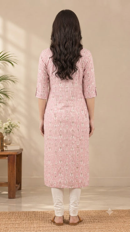 Printed Cotton Long Kurti for Women – Straight Fit, Mandarin Collar