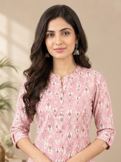 Printed Cotton Long Kurti for Women – Straight Fit, Mandarin Collar