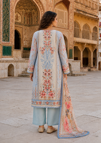Powder Blue Floral Printed Mul Cotton Suit Set with Dupatta for Women | Mirror Work Ethnic Wear