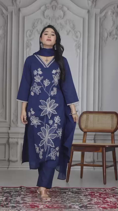 Royal Blue Floral Embroidered Cotton Suit Set