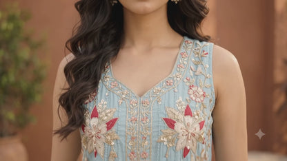Powder Blue Embroidered Crepe Skirt & Jacket-Style Top Set
