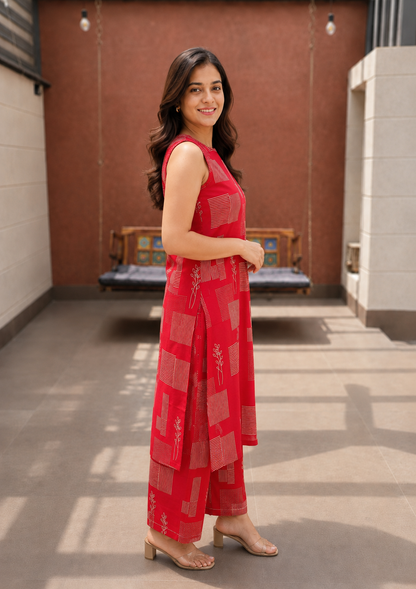 Red Cotton Sleeveless Co-ord Set for Women | Printed Kurta with Palazzo Pants.