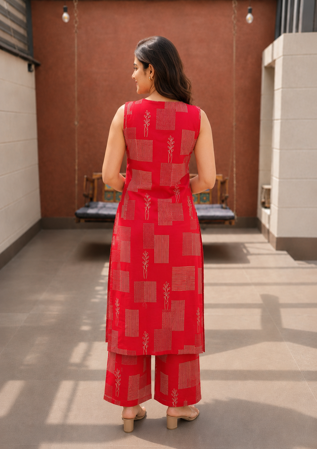 Red Cotton Sleeveless Co-ord Set for Women | Printed Kurta with Palazzo Pants.