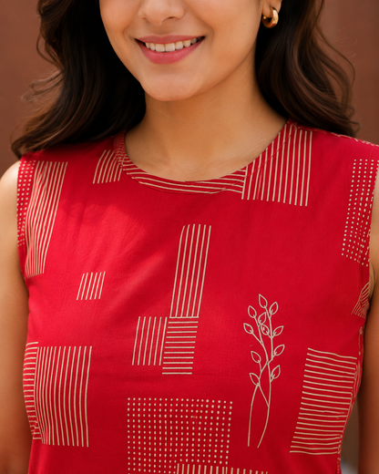 Red Cotton Sleeveless Co-ord Set for Women | Printed Kurta with Palazzo Pants.
