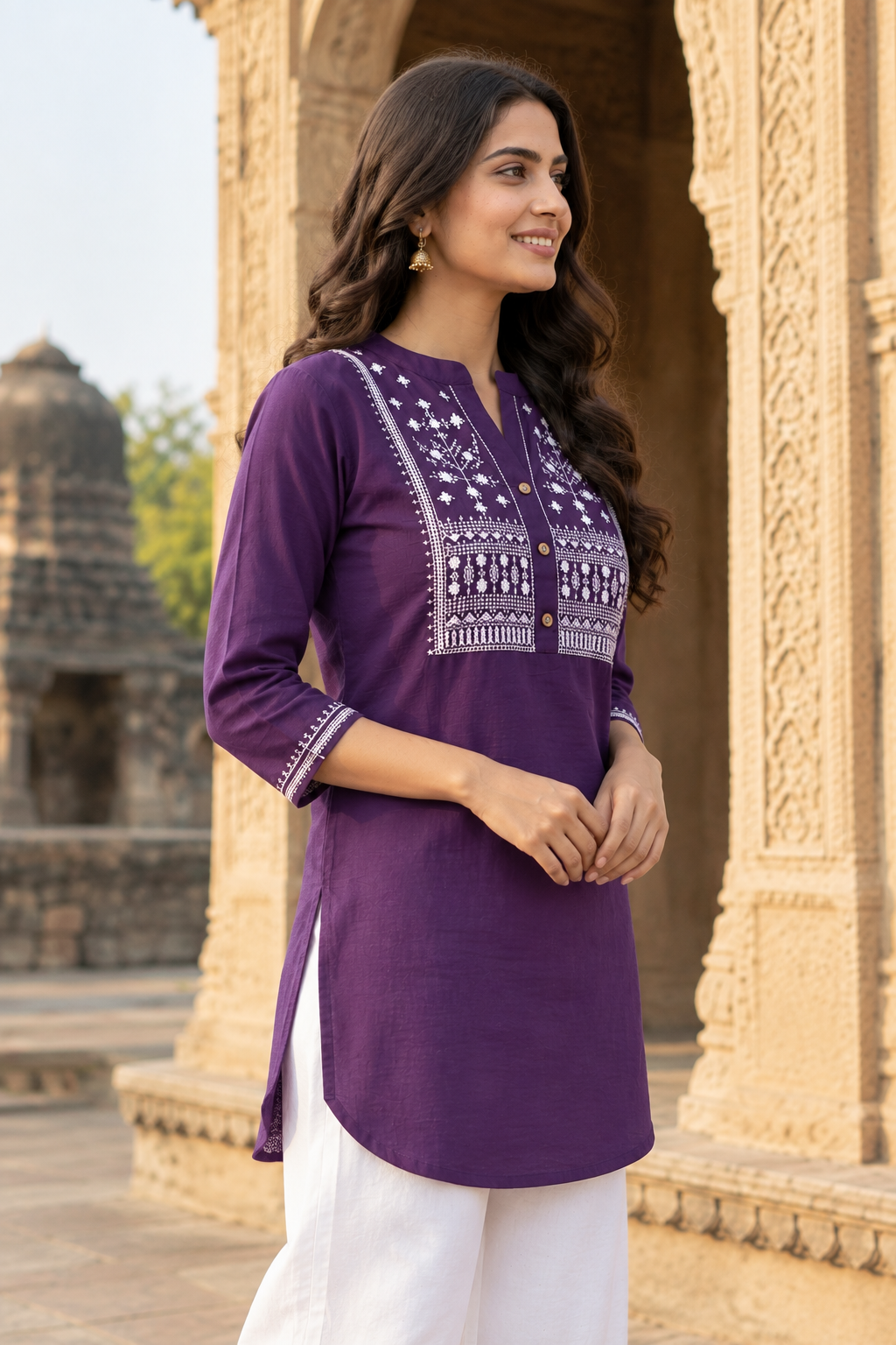 Purple Cotton Slub Embroidered Tunic for Women | Short Kurti