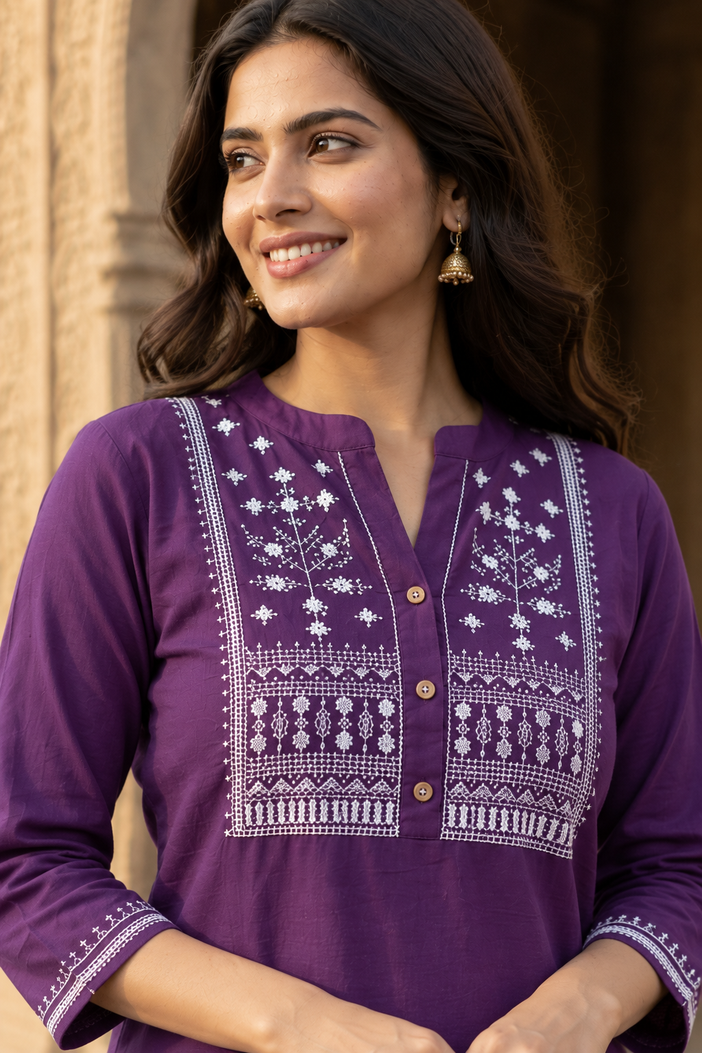 Purple Cotton Slub Embroidered Tunic for Women | Short Kurti