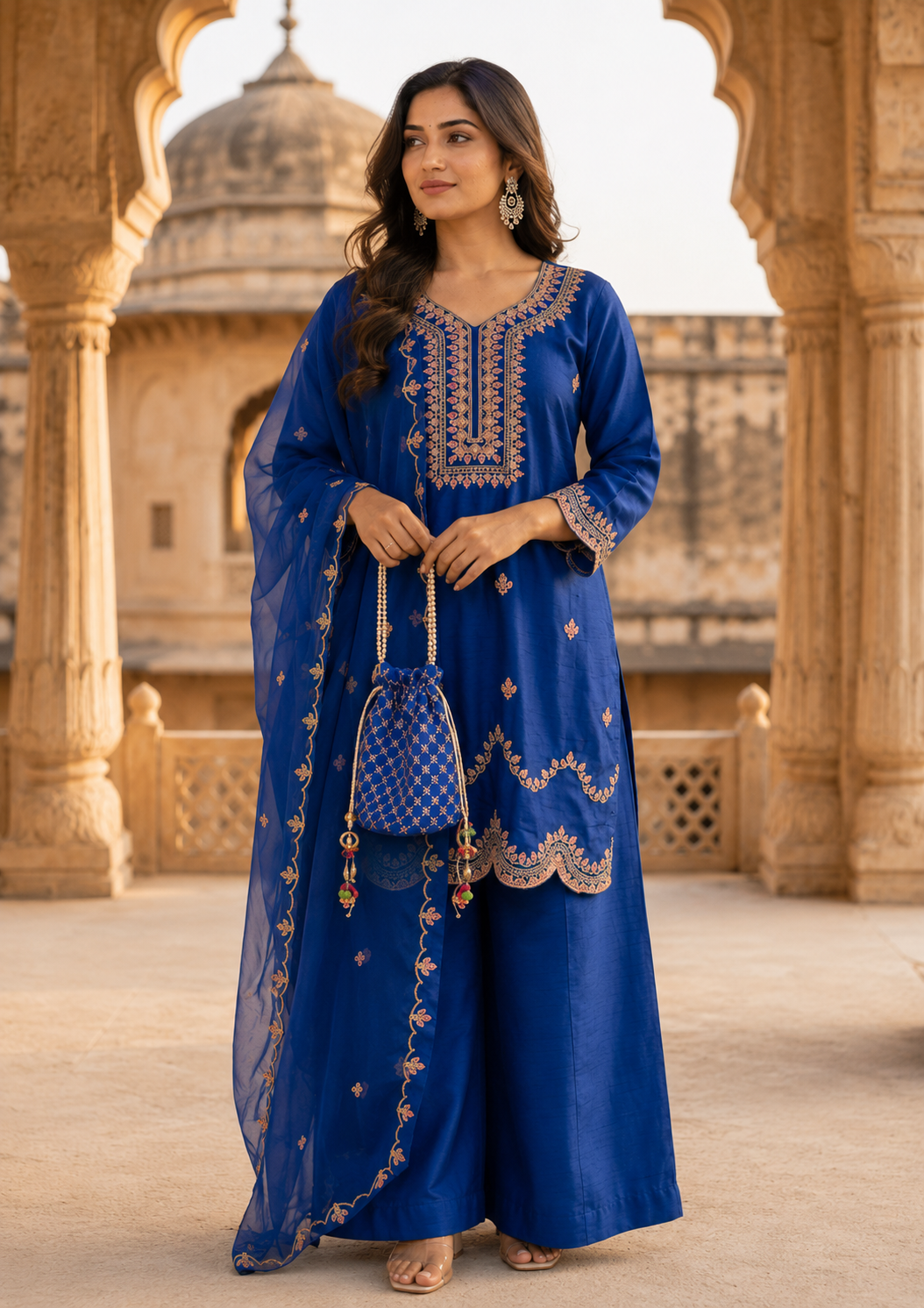 Royal Blue Embroidered Short Kurta 3PC Suit for Women | Dola Silk with Organza Dupatta