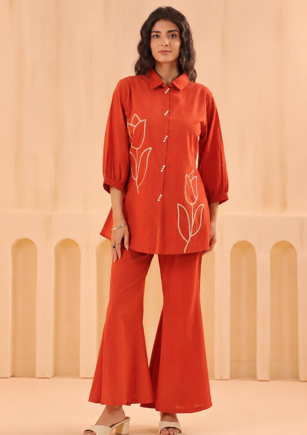 Premium Rust Cotton Co-Ord Set for Women with Applique Work