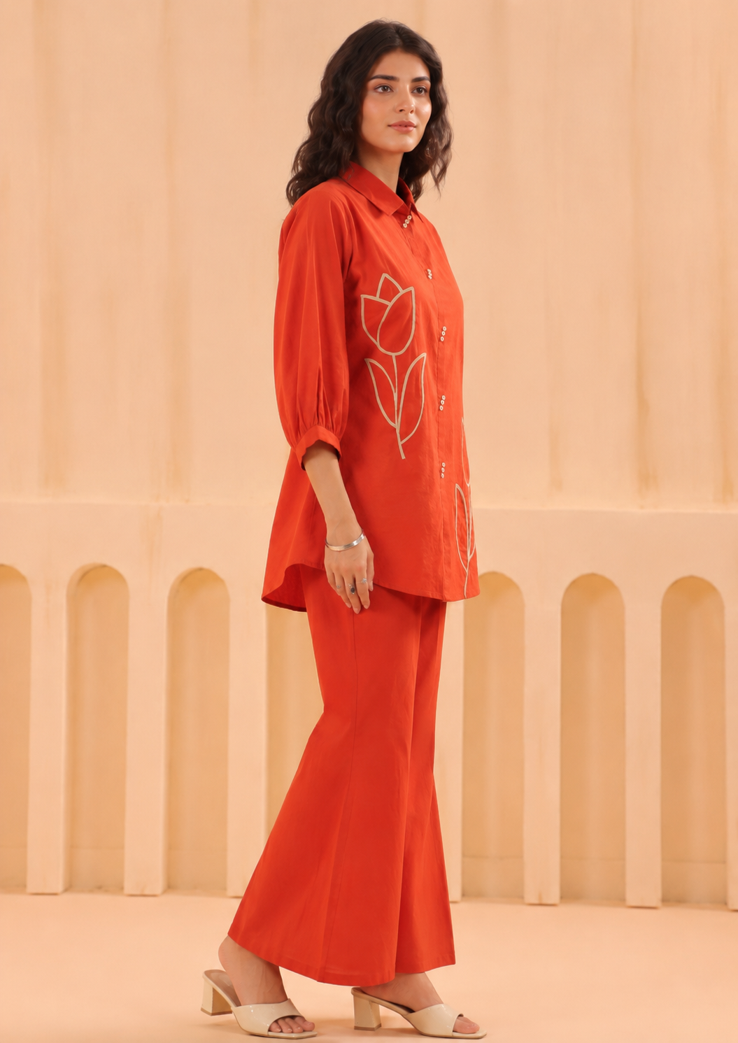 Premium Rust Cotton Co-Ord Set for Women with Applique Work