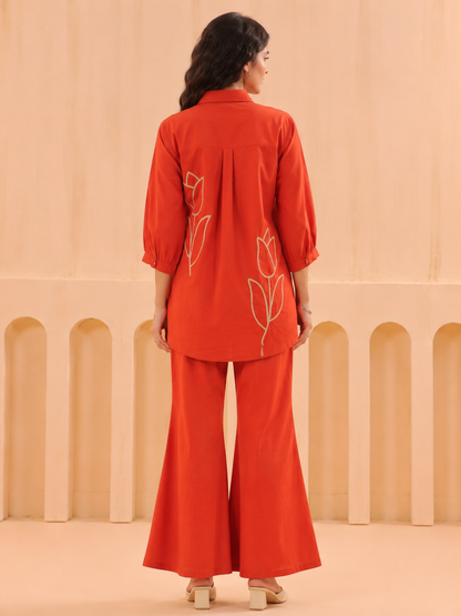 Premium Rust Cotton Co-Ord Set for Women with Applique Work