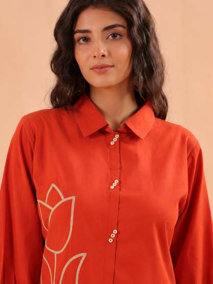 Premium Rust Cotton Co-Ord Set for Women with Applique Work