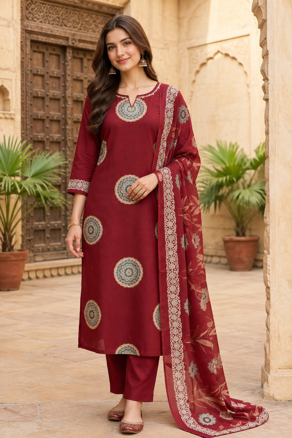Embroidered Cotton Straight Kurta Set with Medallion Print & Dupatta