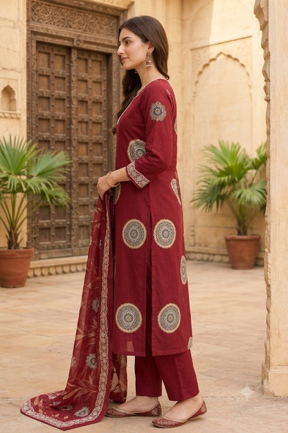 Embroidered Cotton Straight Kurta Set with Medallion Print & Dupatta