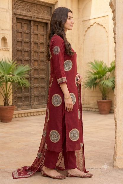 Embroidered Cotton Straight Kurta Set with Medallion Print & Dupatta