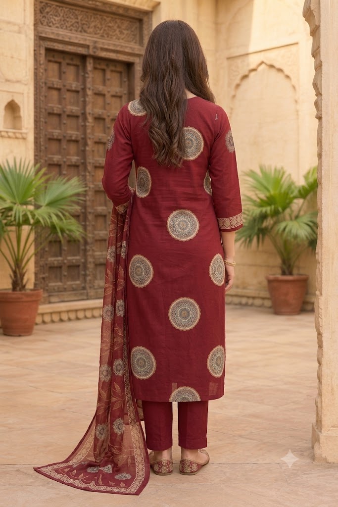 Embroidered Cotton Straight Kurta Set with Medallion Print & Dupatta