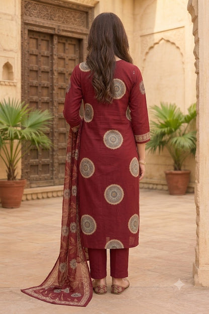 Embroidered Cotton Straight Kurta Set with Medallion Print & Dupatta