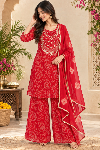 Red Bandhani Print Georgette 3-Piece Kurta Set | Festive Wear for Women