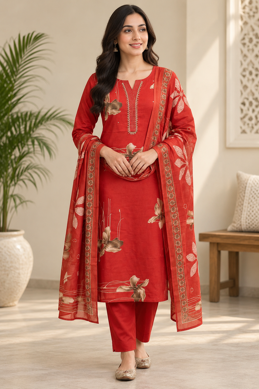 Cotton Floral Print Straight Suit Set with Embroidered Neckline