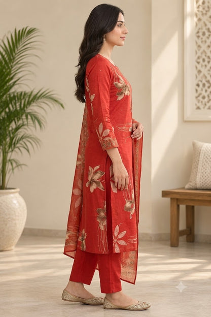 Cotton Floral Print Straight Suit Set with Embroidered Neckline