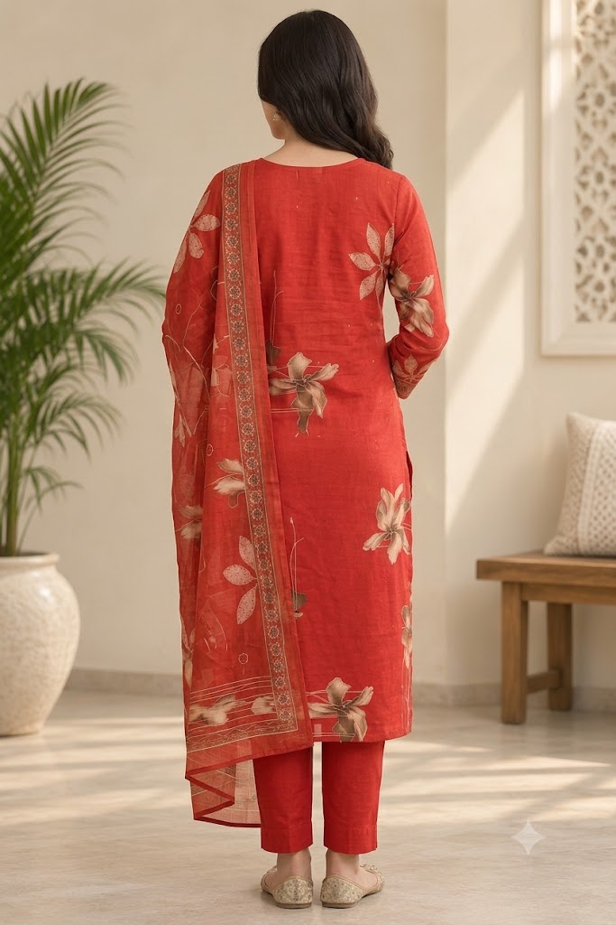 Cotton Floral Print Straight Suit Set with Embroidered Neckline