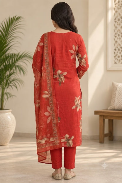 Cotton Floral Print Straight Suit Set with Embroidered Neckline