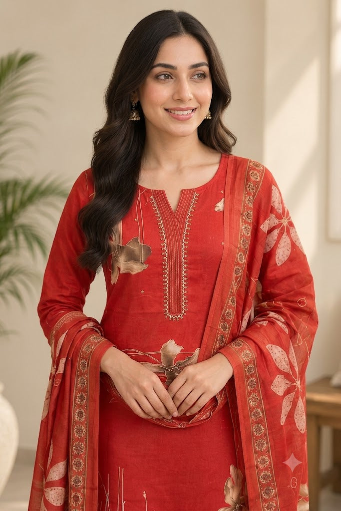 Cotton Floral Print Straight Suit Set with Embroidered Neckline