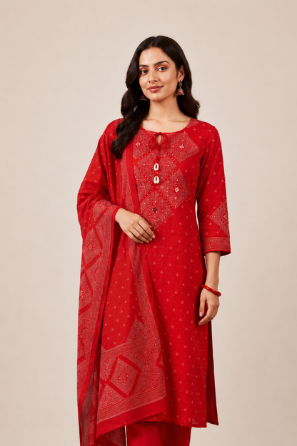 Red Bandhani Print Cotton Kurta Set with Dupatta – Women's Ethnic Wear - Nakh Clothing