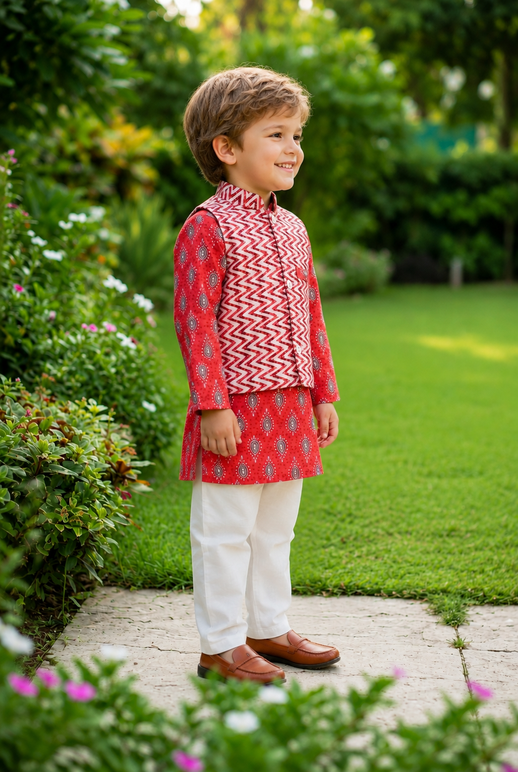 Boys Red Printed 3-Piece Kurta Set with Jacket – Ethnic Wear"