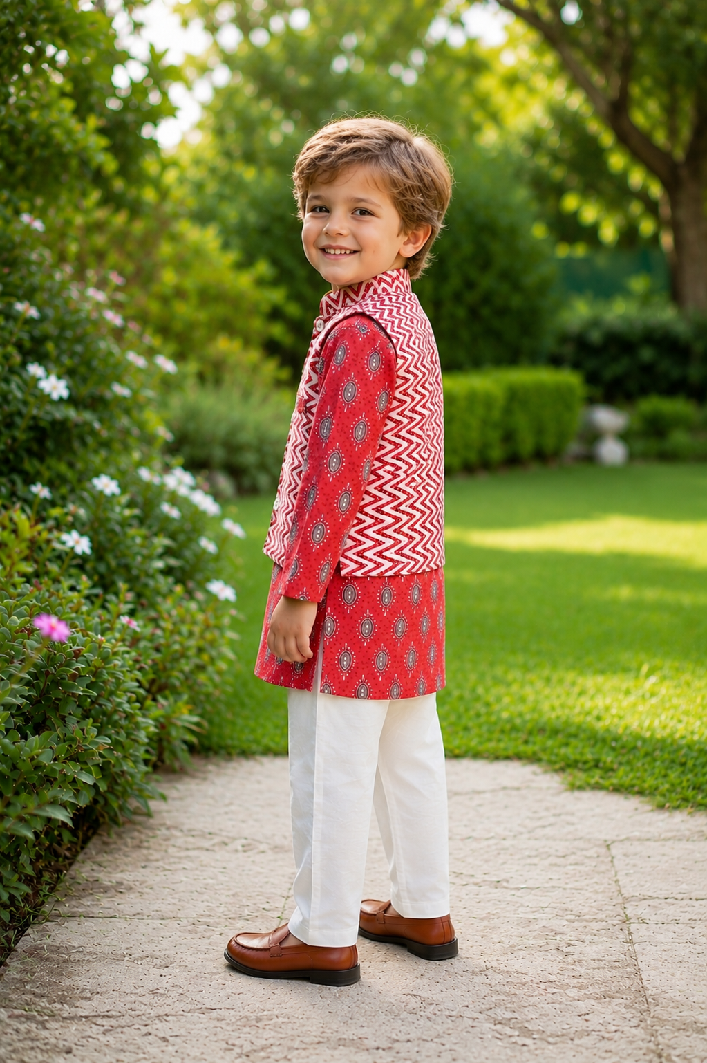Boys Red Printed 3-Piece Kurta Set with Jacket – Ethnic Wear"