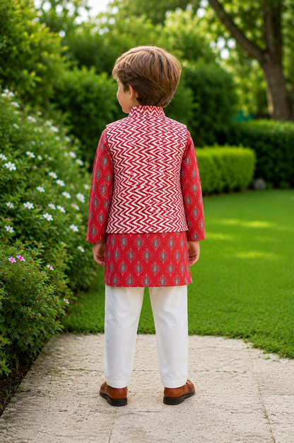 Boys Red Printed 3-Piece Kurta Set with Jacket – Ethnic Wear"