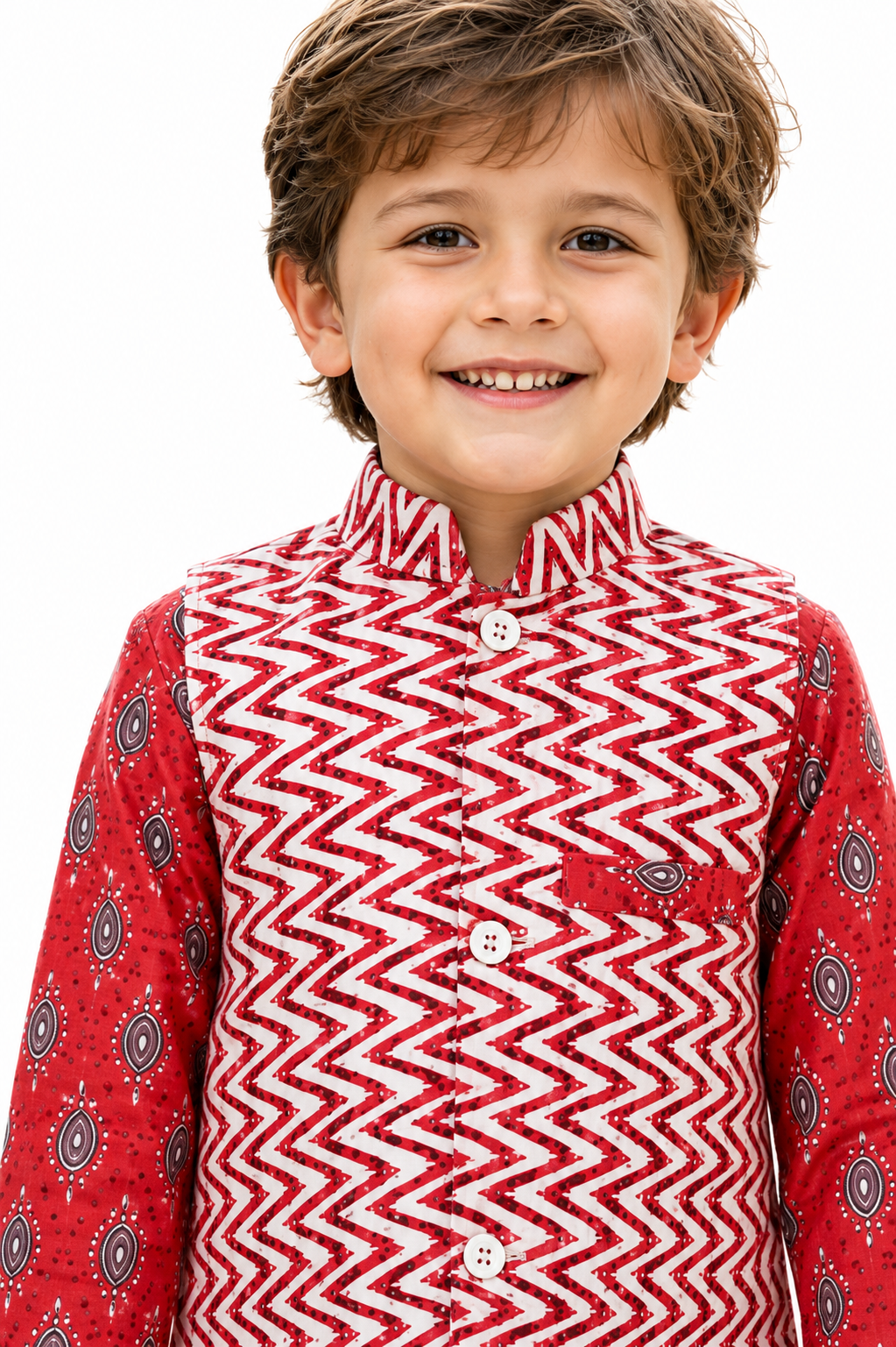 Boys Red Printed 3-Piece Kurta Set with Jacket – Ethnic Wear"