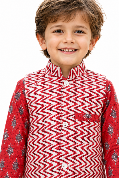 Boys Red Printed 3-Piece Kurta Set with Jacket – Ethnic Wear"