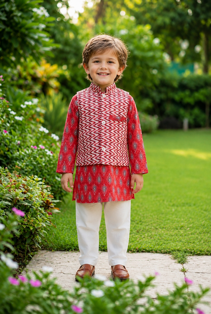 Boys Red Printed 3-Piece Kurta Set with Jacket – Ethnic Wear"