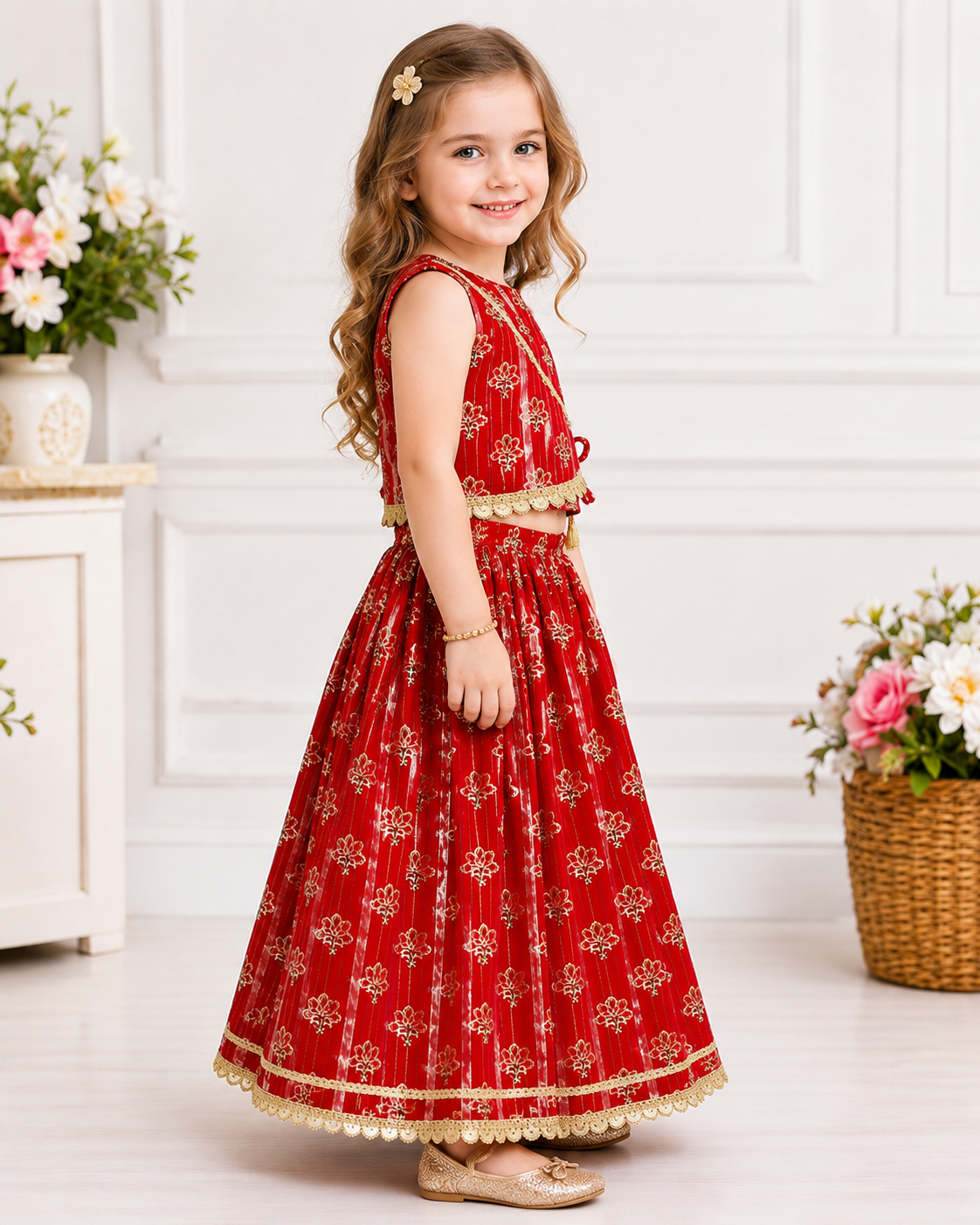 Girls Pure Cotton Red Golden Foil Print Lehenga Choli – Festive Wear Set