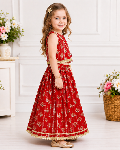Girls Pure Cotton Red Golden Foil Print Lehenga Choli – Festive Wear Set