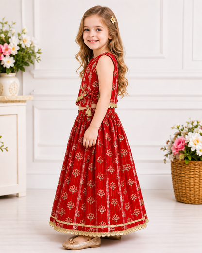 Girls Pure Cotton Red Golden Foil Print Lehenga Choli – Festive Wear Set