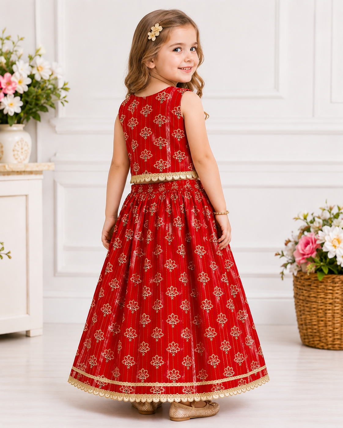 Girls Pure Cotton Red Golden Foil Print Lehenga Choli – Festive Wear Set