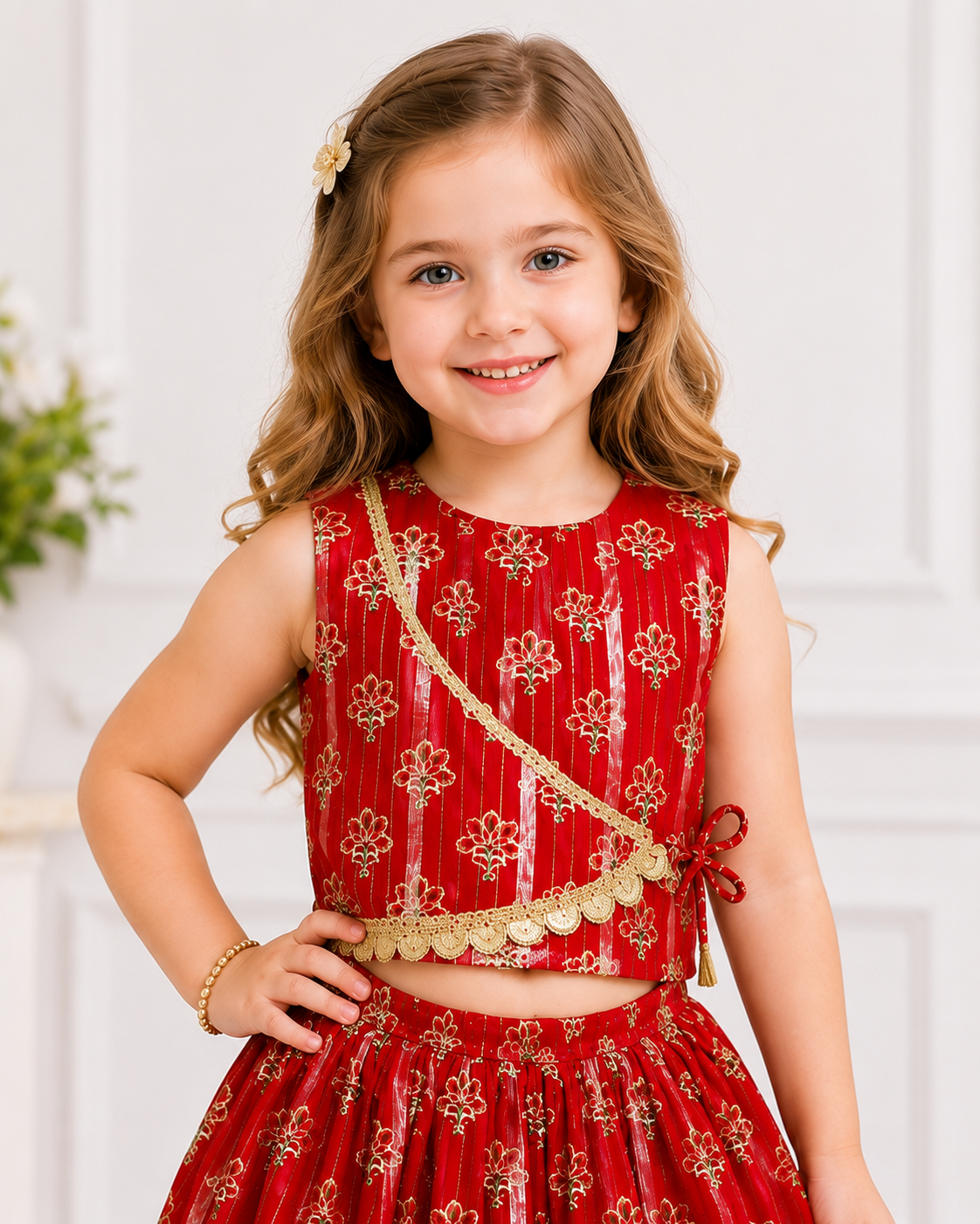 Girls Pure Cotton Red Golden Foil Print Lehenga Choli – Festive Wear Set