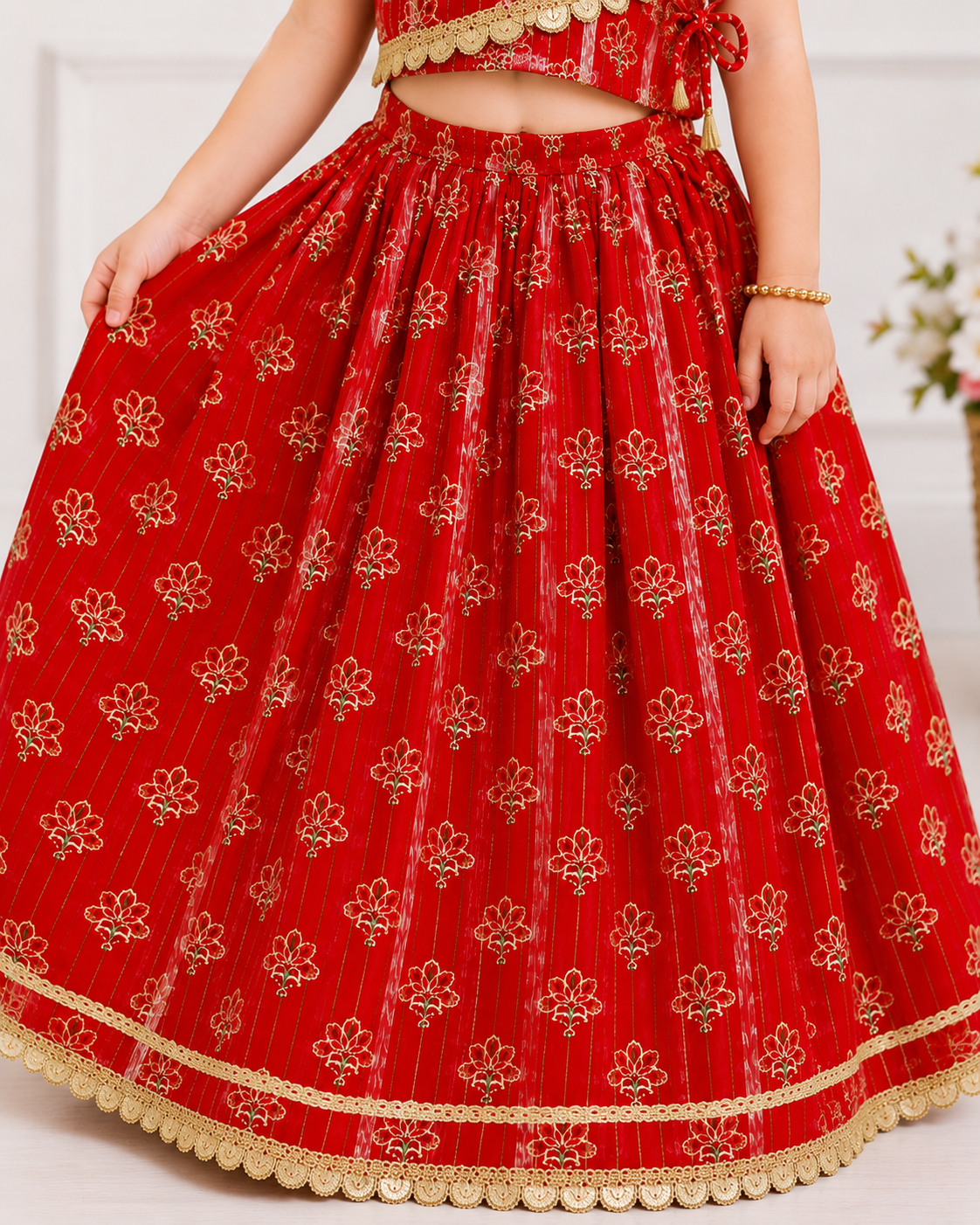 Girls Pure Cotton Red Golden Foil Print Lehenga Choli – Festive Wear Set