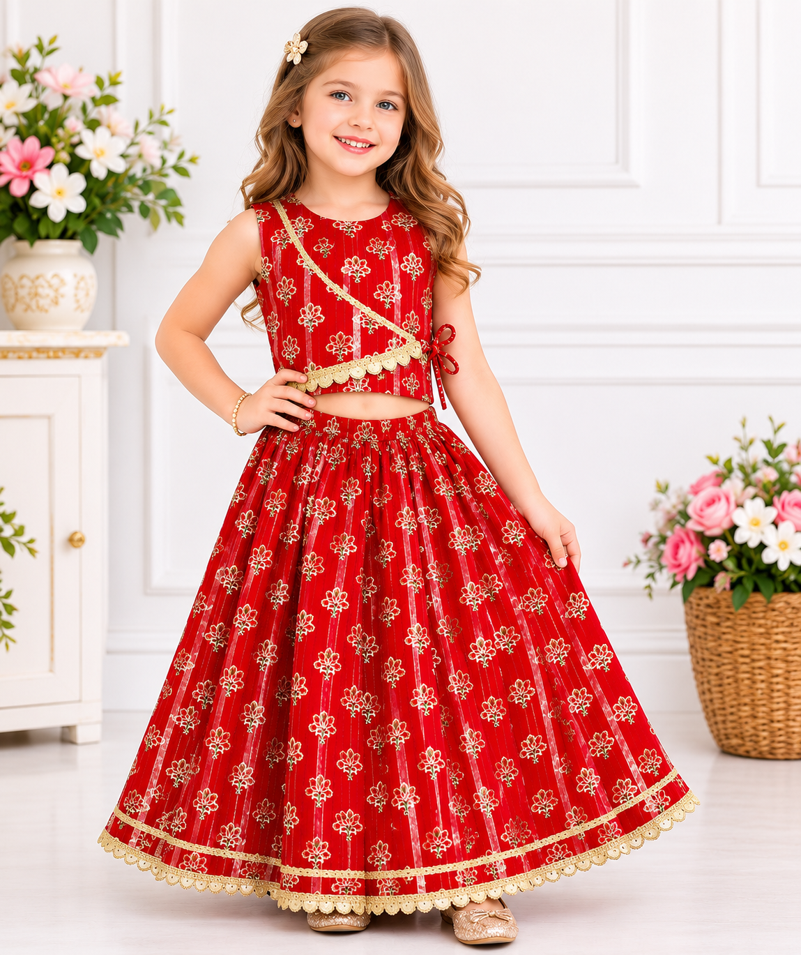 Girls Pure Cotton Red Golden Foil Print Lehenga Choli – Festive Wear Set