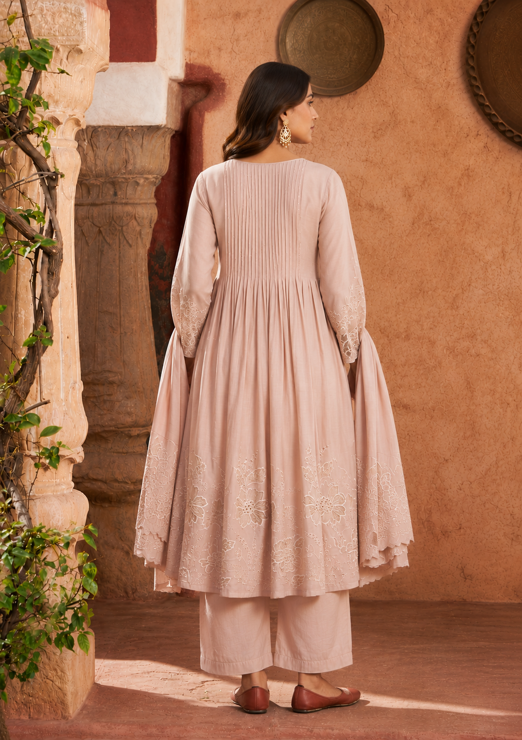 Dusty Pink Mul Chanderi 3PC Suit for Women | Laser Cut & Embroidered