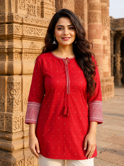 Red Embroidered Rayon Jacquard Tunic for Women