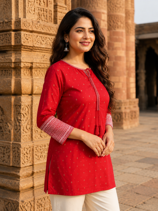 Red Embroidered Rayon Jacquard Tunic for Women - Nakh Clothing