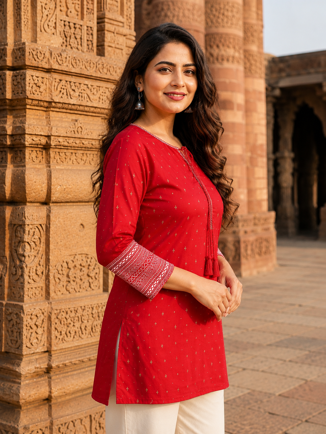 Red Embroidered Rayon Jacquard Tunic for Women