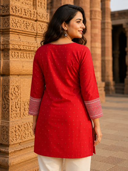 Red Embroidered Rayon Jacquard Tunic for Women