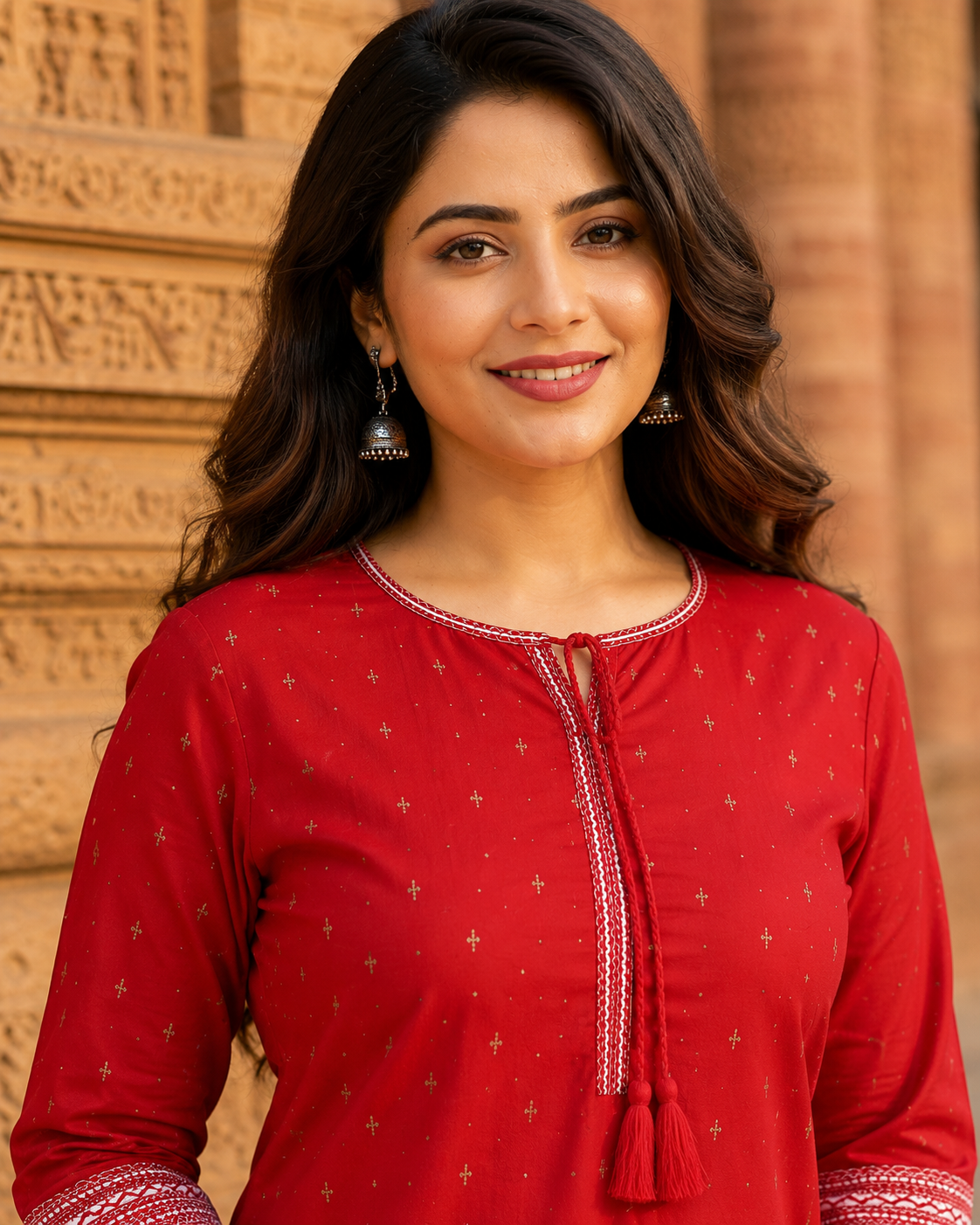 Red Embroidered Rayon Jacquard Tunic for Women