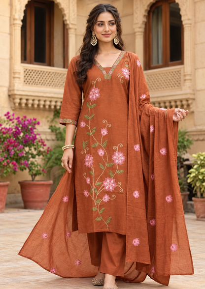 Rust Cotton Embroidered Kurta Set with Pants & Dupatta