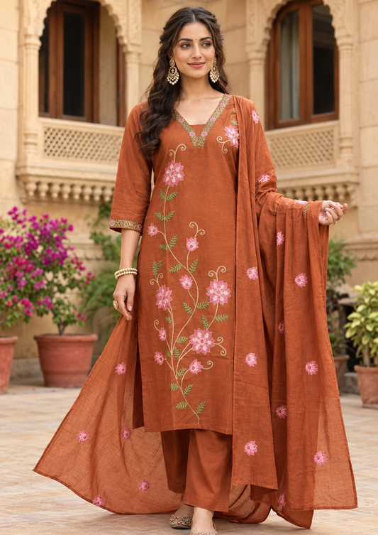 Rust Cotton Embroidered Kurta Set with Pants & Dupatta